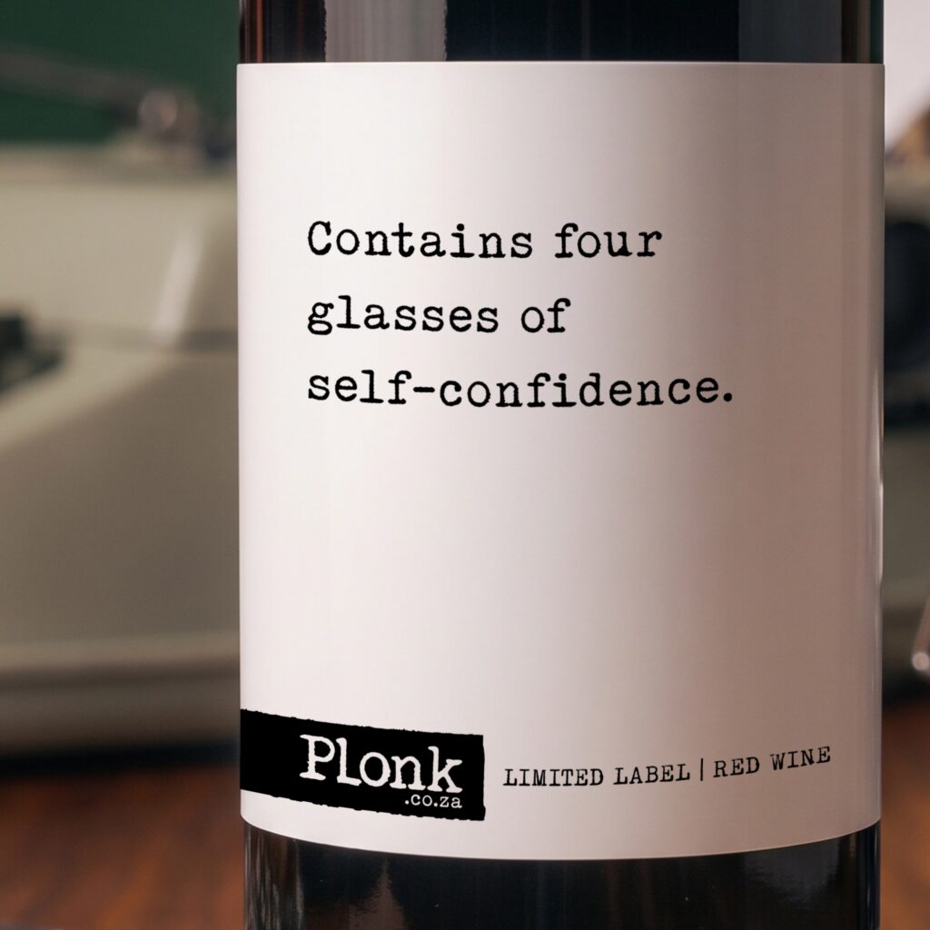 Bottle of Plonk wine showing the contains four glasses of self confidence label