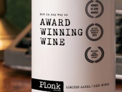 Bottle of Plonk wine showing the not an award winning wine label