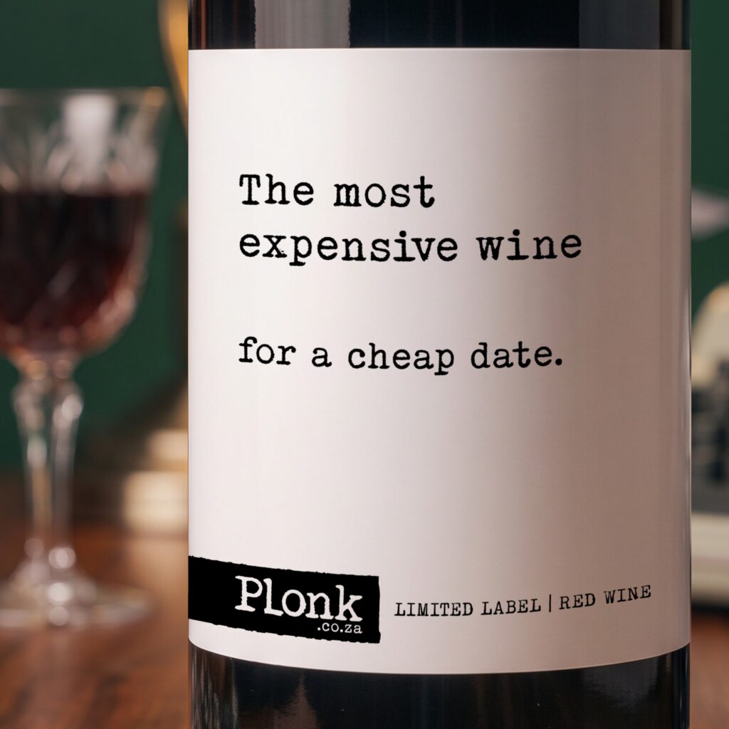 Bottle of Plonk wine showing the the most expensive wine for a cheap date label
