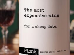 Bottle of Plonk wine showing the the most expensive wine for a cheap date label